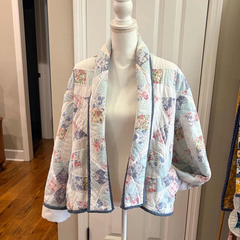 Quilted Patchwork Open-Front Jacket - Pastel Flor… - image 4